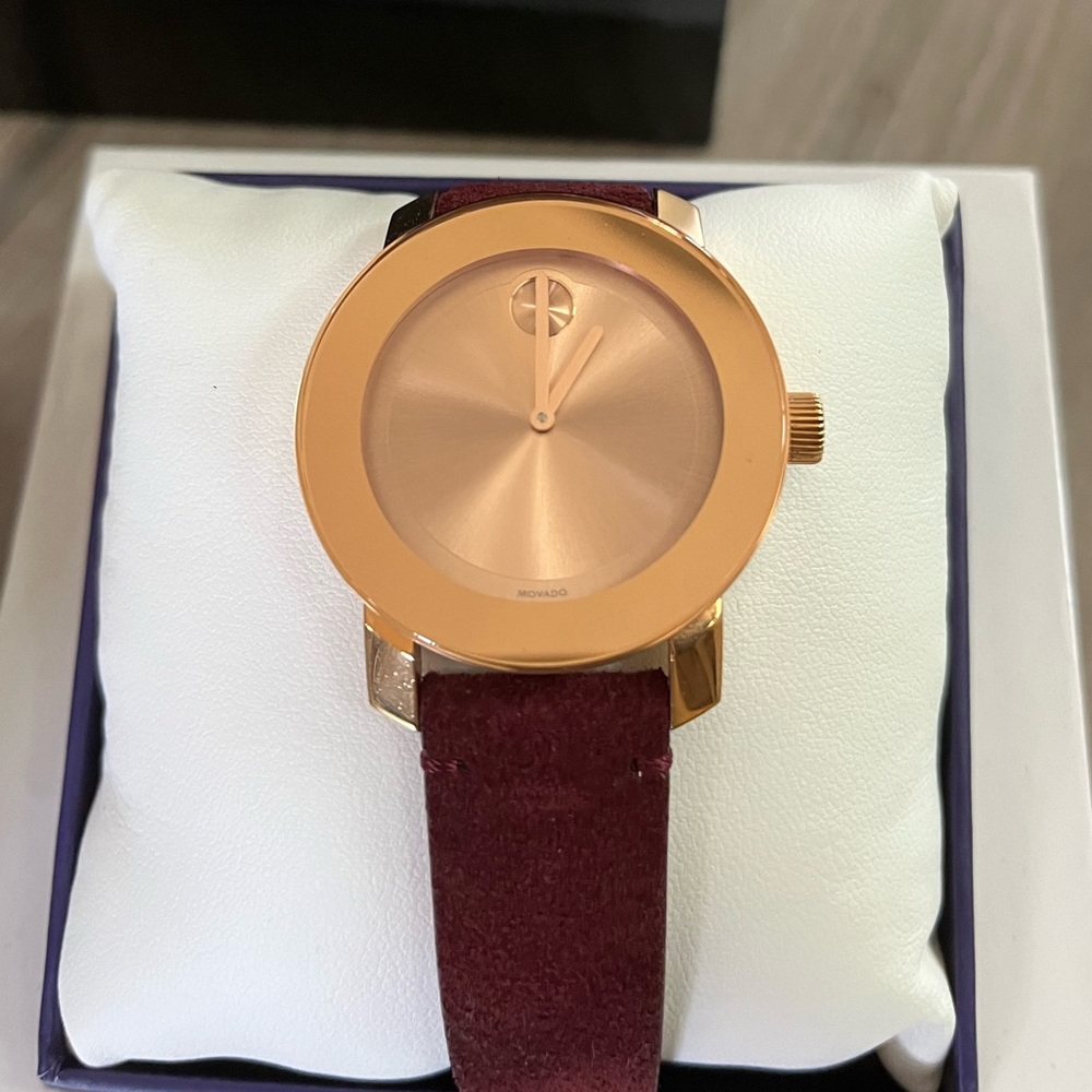 Rose Gold Movado Watch: Bold Iconic Suede Strap Watch, 36mm In Burgundy - Picture 3 of 8